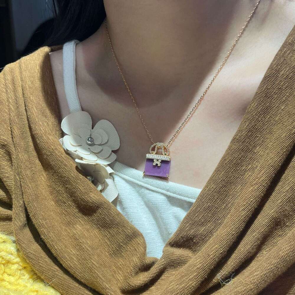 French Style Light Full Dia Violet Bag Necklace Double-Sided Wearable Exquisite High-End Collarbone Chain
