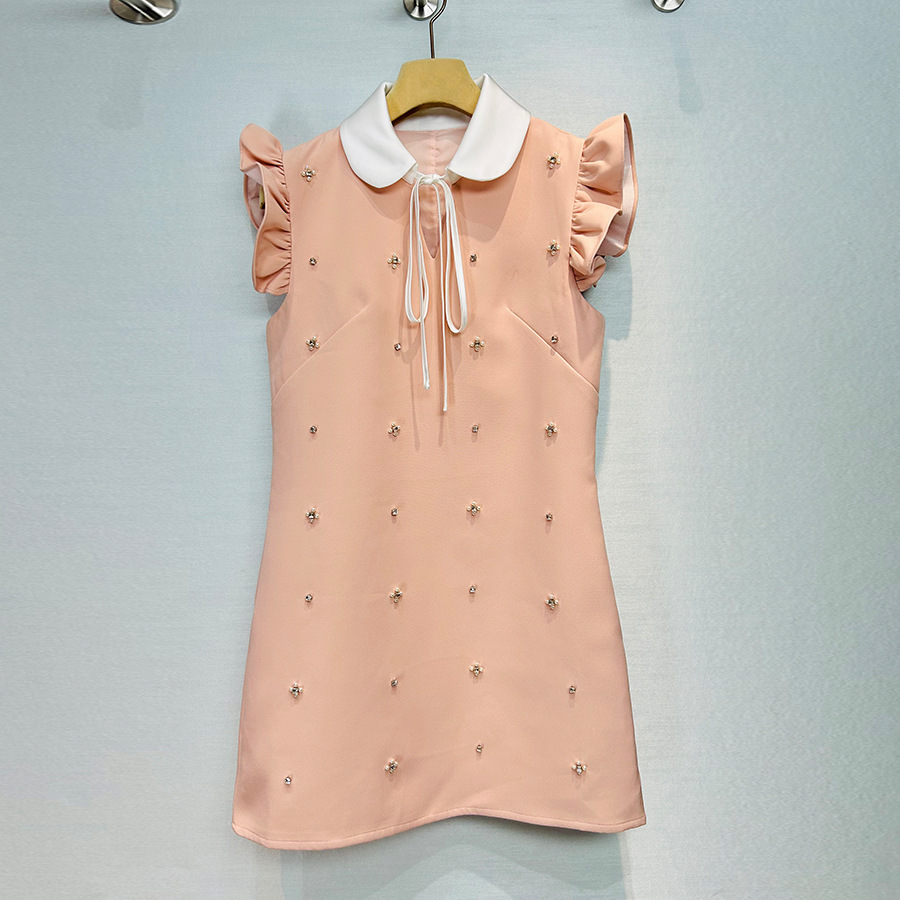 2026 Autumn Blue Solid Color Ribbon Bow Floral Dress Sleeveless Round Neck Splicing Short Casual Skirt