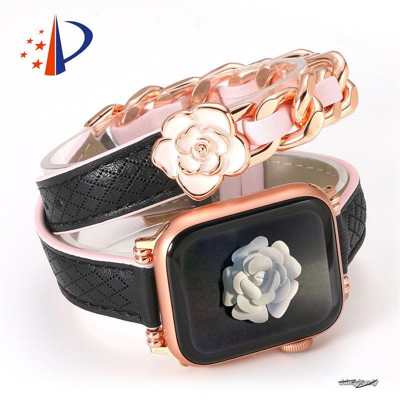 Designer Camellia Flower Genuine Leather Apple Watch Straps For Applewatch 49Mm 46Mm 45Mm 44Mm 42Mm 41Mm Fashion Watchband Iwatch Series 10 9 8 7 6 5 