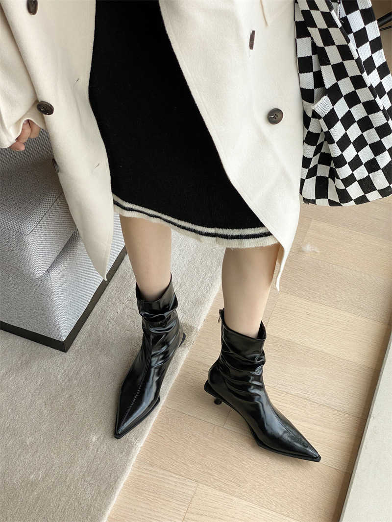 Martin Boots Elegant High Heel Slim Thin Heel Niche Single Boots French Style Brown Pointed Toe Mid-Calf Short Boots for Women