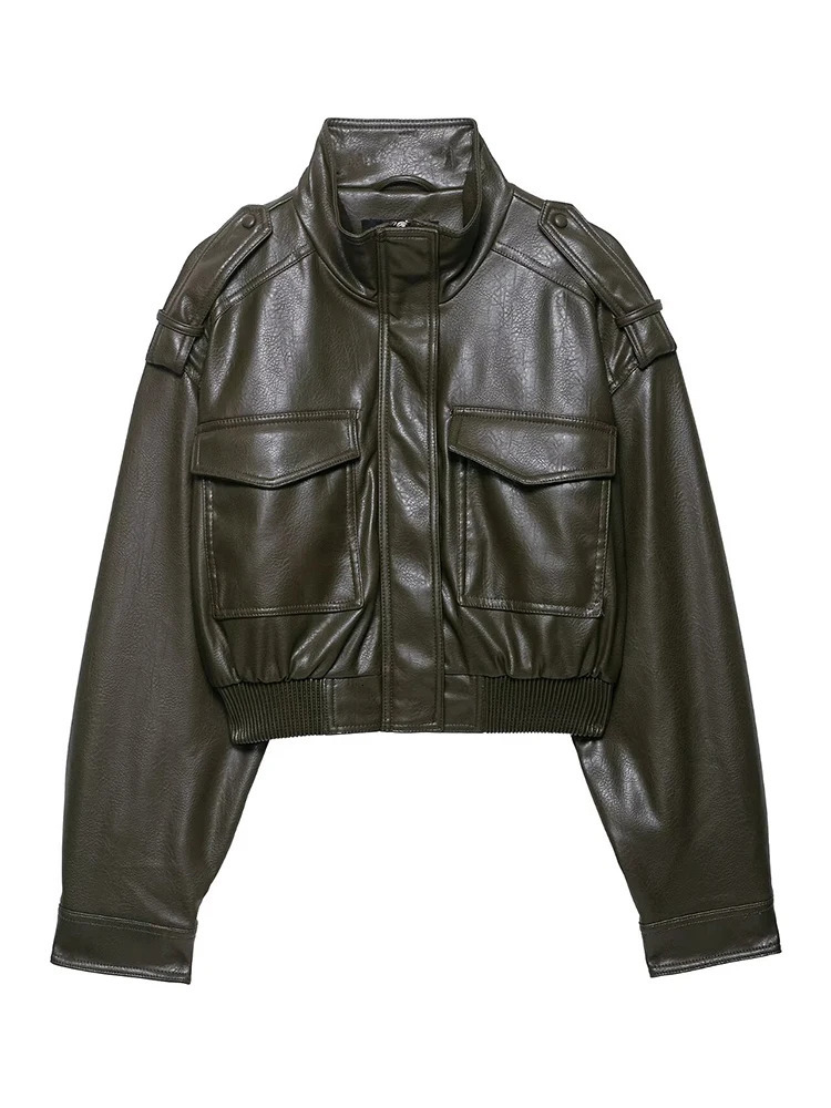 TRAF Fashion Faux Leather Jackets for Women Loose Zipper Long Sleeve Female Short Coats Autumn Lady Casual Outerwear 250908