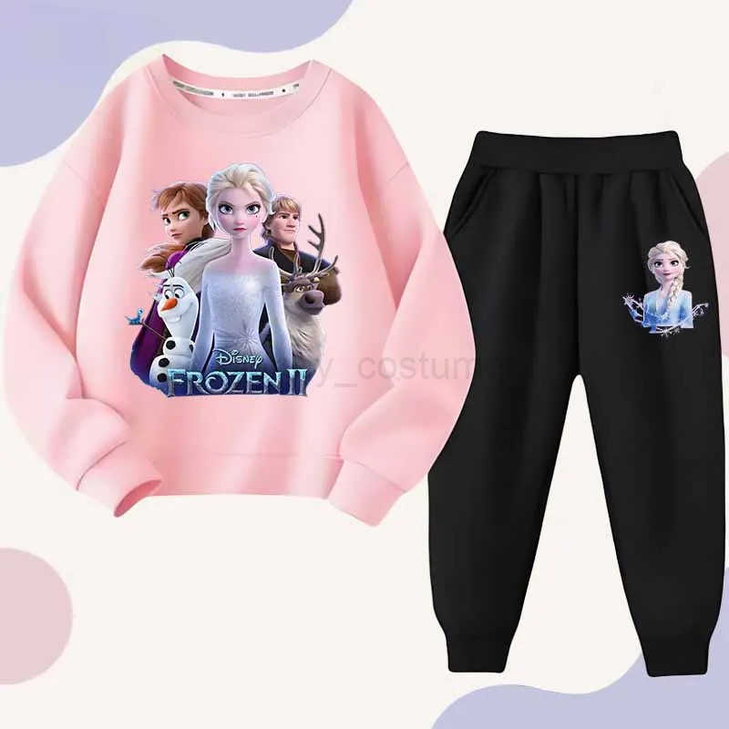 Disney Spring Autumn Frozen Elsa and Anna Princess Cartoon Printed Tracksuits Kids Long Sleeve Sports Twopiece Suit Sweatshirt H250908