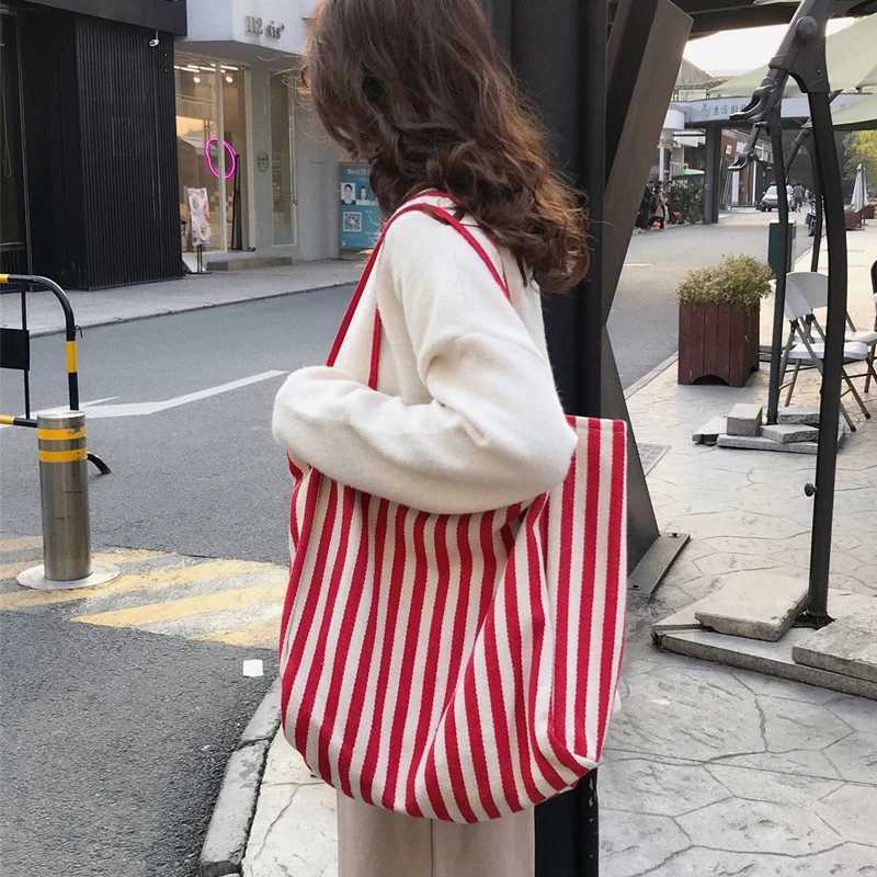 Cotton Canvas Women Big Shoulder Bag Vintage Tote Shopping Bag Extra Large Capacity Handbag Cute Stripe Design Beach Cloth Purse R250908