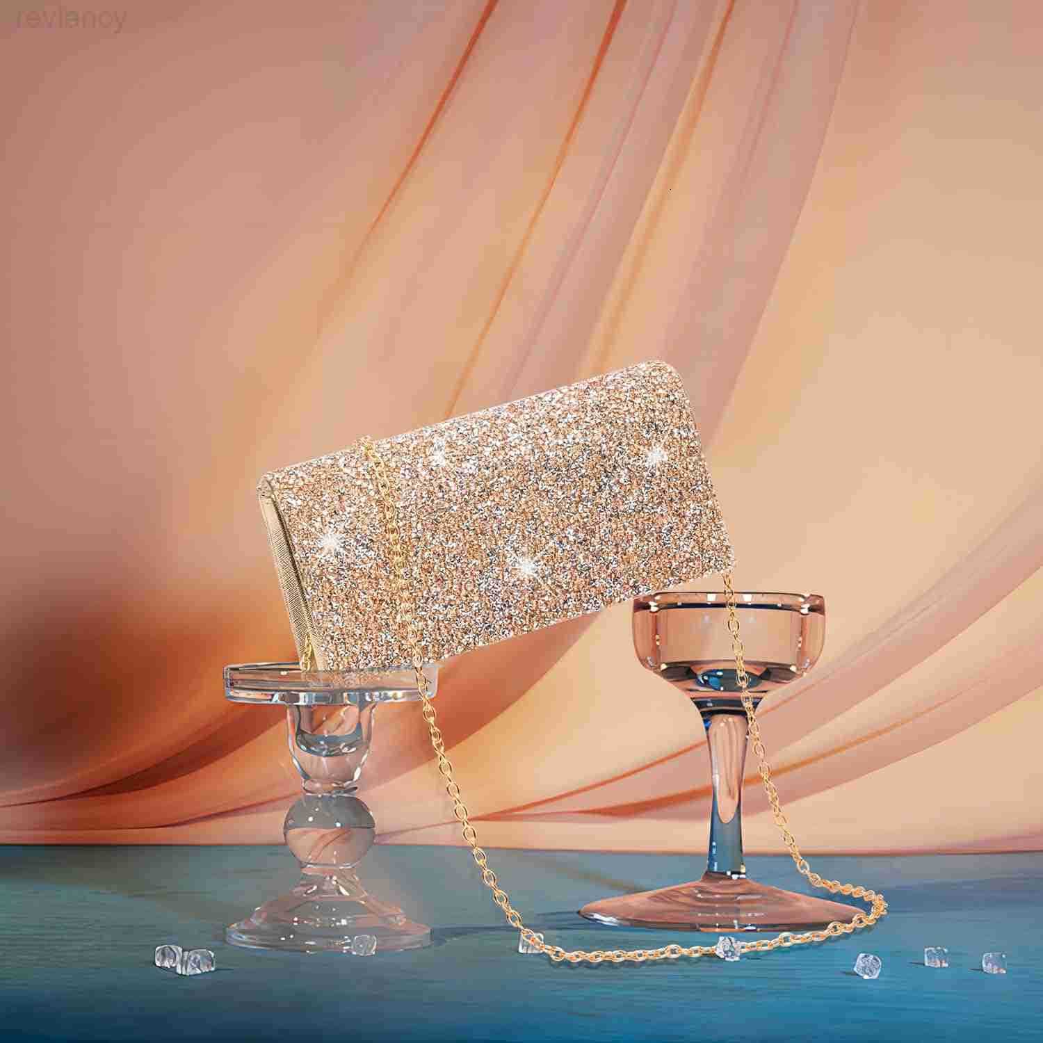 Womens Evening Handbags Bling Rhinestone Purse wChain Stunning Rose Gold Envelope Clutch Bag Formal Shoulder Crossbody Bag for Prom Bachelor Party Wed