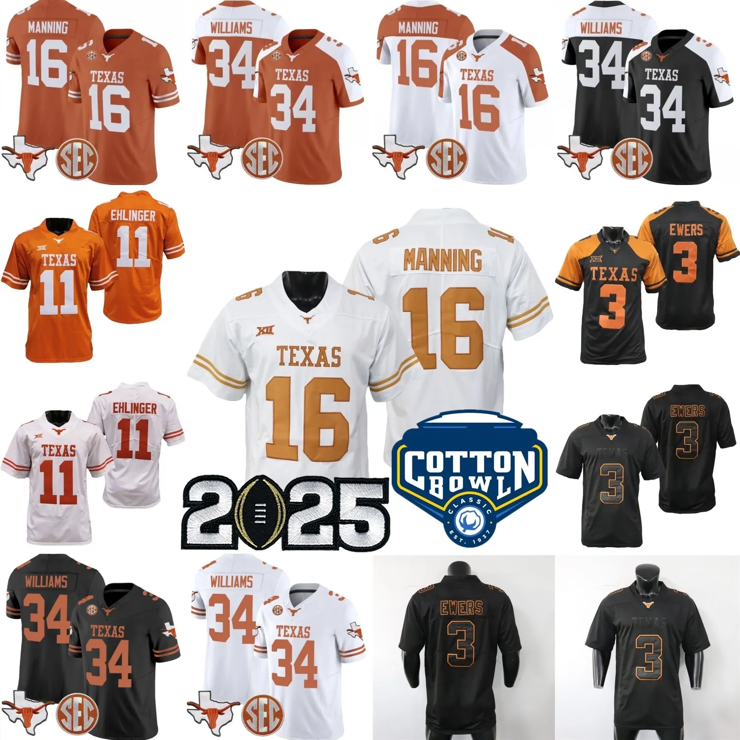 Texas Longhorns Football Jersey Manning Hill Jr. CJ Baxter Travis Shaw Colin Simmons Wingo Lockett Gibson Ffrench Randle Terry Filsaime Muhammad Williams Jr. Ewers