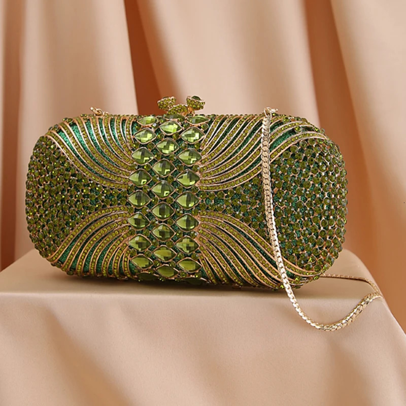 Hollow Out Green Rhinestone Crystal Evening Party Bags Gold Metal Clutch Female Wedding Purses Diamond Handbags Money Clutches 250908
