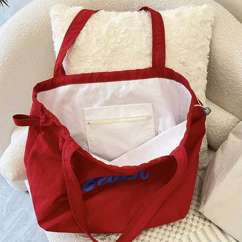 Drawstring Double Layer Shopping Bags Women Canvas Shoulder Bag Crumpled Cloth Purse Cute Beach Handbag Female Large Books Tote R250908