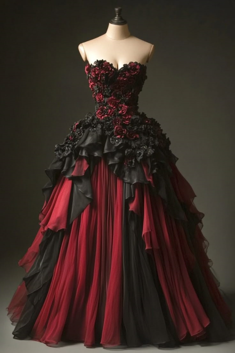 Gothic Black And Dark Red Rose Flowers Prom Dresses Ruffle A-Line Long Vintage Evening Gown Retro Corset Vampire Halloween Special Occasion Dress