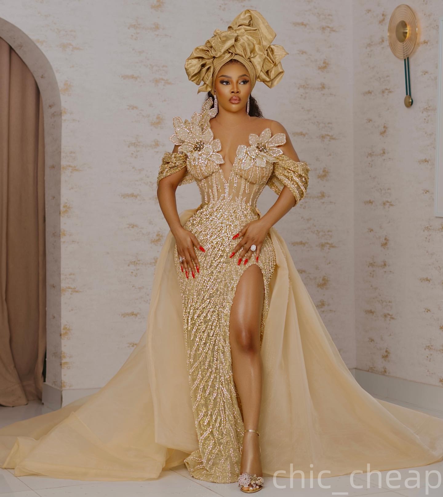 Aso Ebi Champagne Mermaid Prom Dresses 2025 Flowers Crystals Detachable Train African Evening Formal Party Second Birthday Engagement Dress Gowns robe