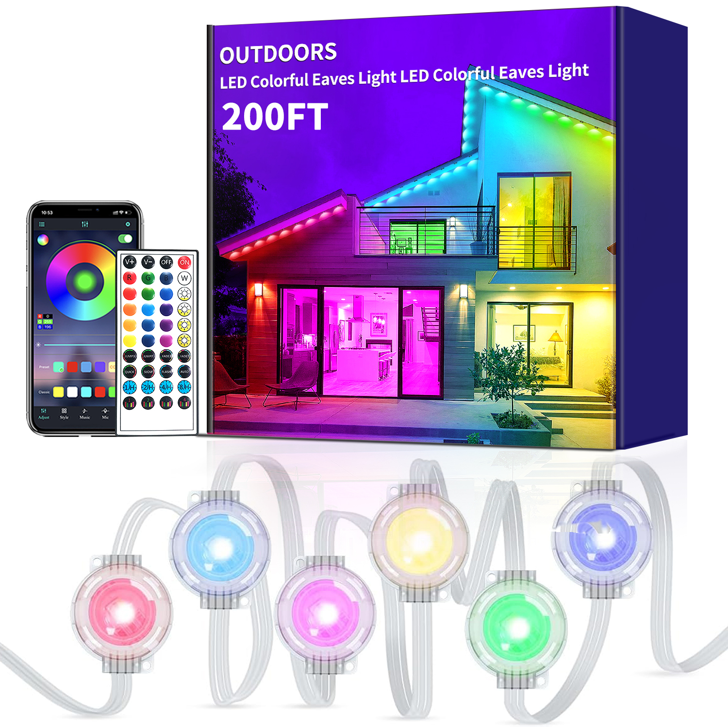 200ft Permanent outdoor lights, RGB outdoor eave lights with APP & Remote Control,Music synchronisation IP67 waterproof LED eave light,suitable for pa