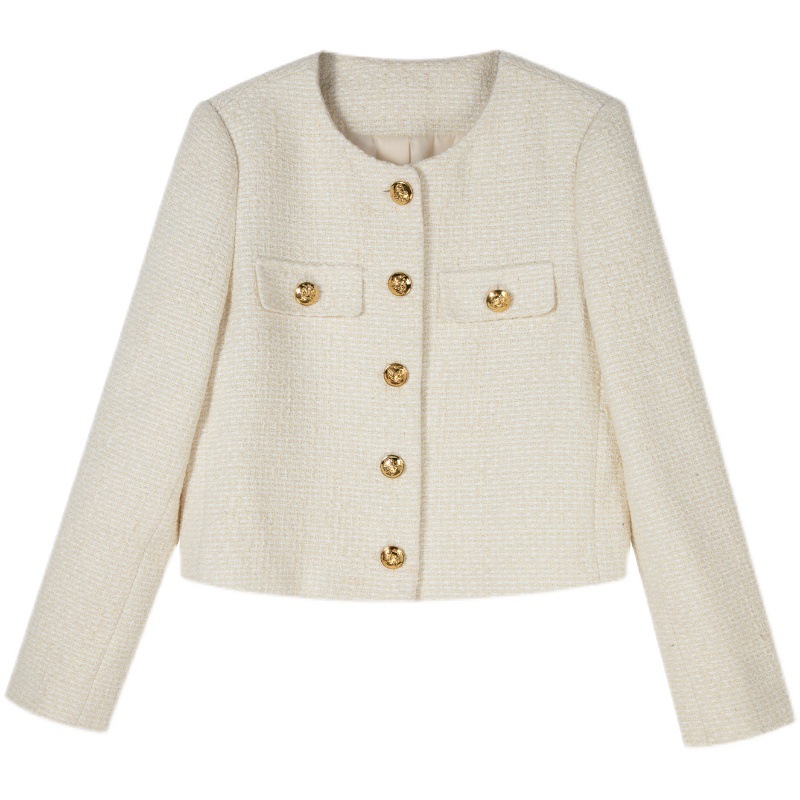 Women's Jackets Vintage Black Tweed Jacket Women Spring Autumn Golden Button Wool Coat Wide-waisted Long-sleeve Business