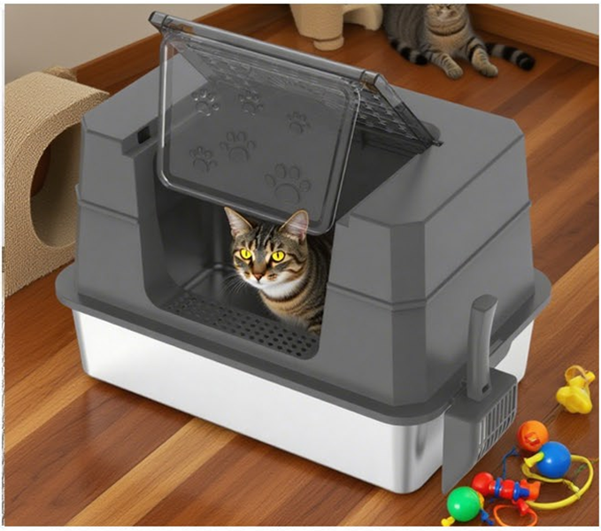 Oversize Stainless Steel Cat Litter Pan Fully Sealed Design w/ Deodorizing Carbon Packet and Scoop Included pet supplies - JY-V
