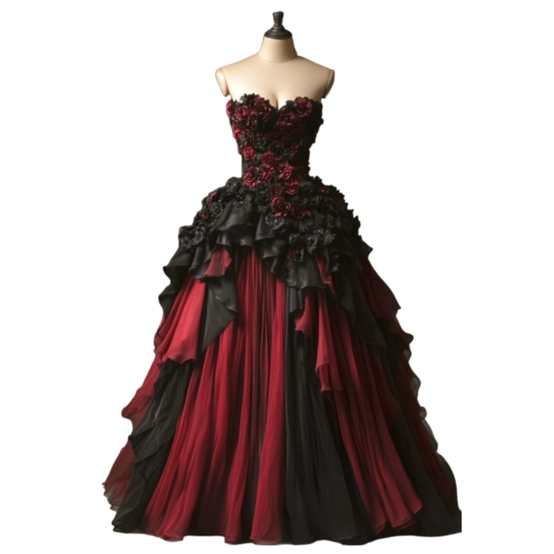 Gothic Black And Dark Red Rose Flowers Prom Dresses Ruffle A-Line Long Vintage Evening Gown Retro Corset Vampire Halloween Special Occasion Dress