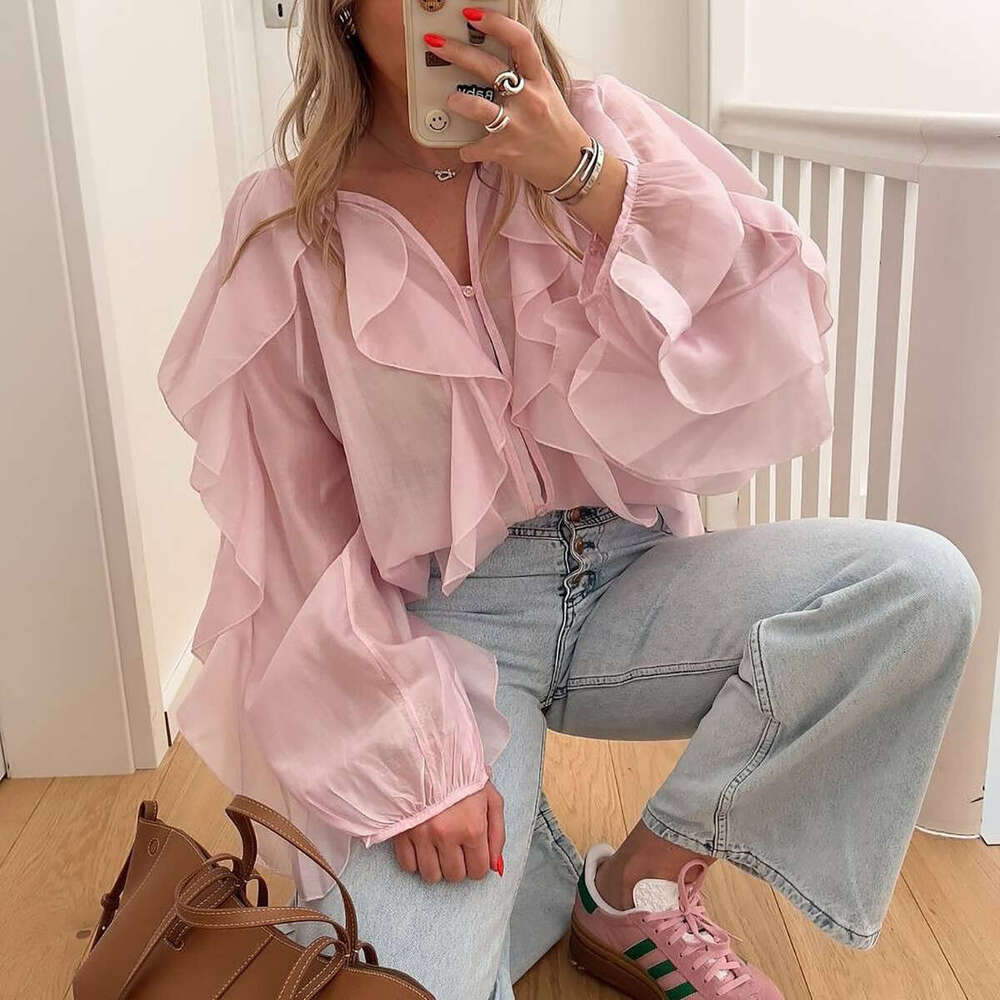 2025 Spring and Autumn New Loose Casual Elegant Chiffon Blouse with Ruffled Design