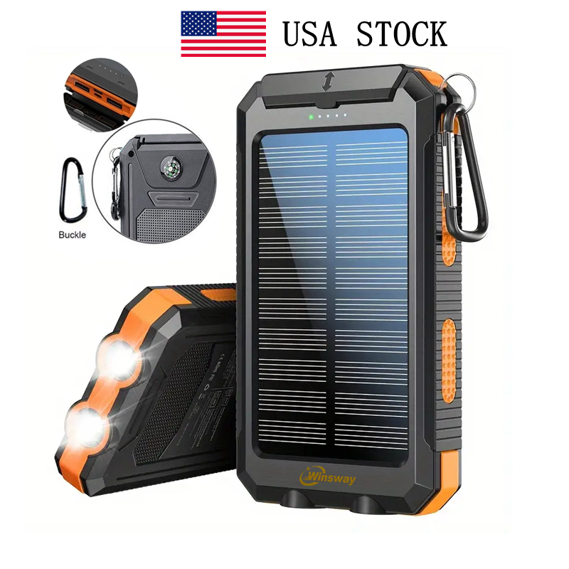 Winsway 10000mAh outdoor solar power bank, built-in two LED searchlights, compass, mountaineering clip for charging 3 devices, dedicated for mountaineering