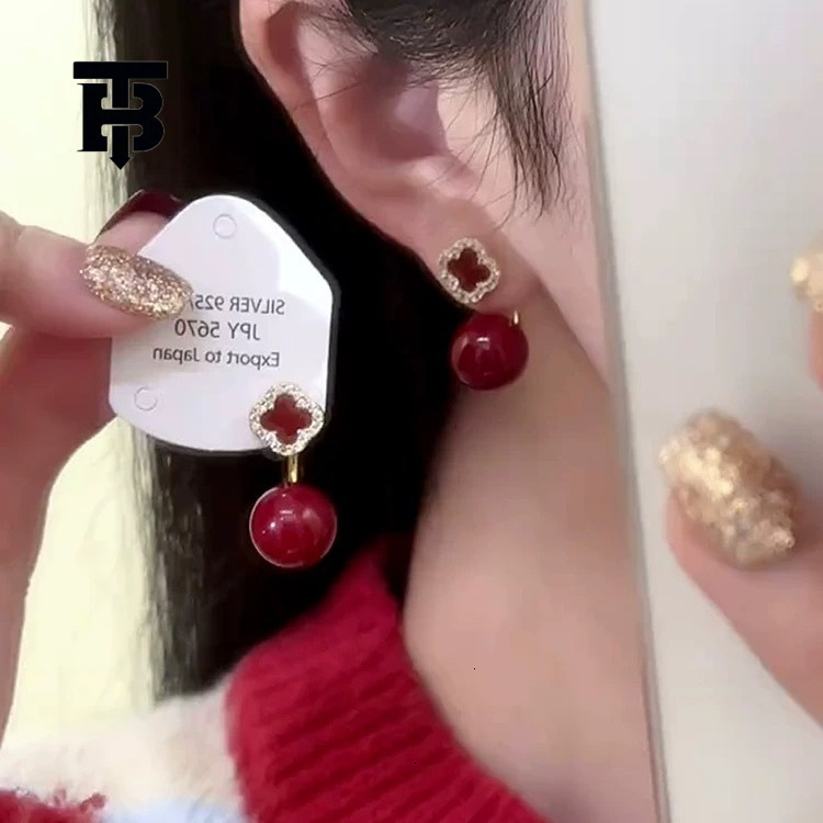 TB BHULAMTE Red Festive Pearl Pendant Earrings Designer Festive Atmosphere Accessories Niche Luxury Women's Hot Selling Jewelry Four Leaf Ear Cli - view 4