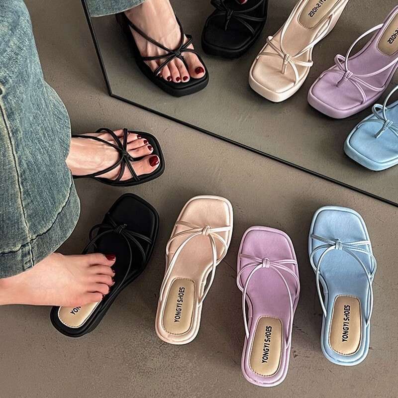Summer Fashion Heel Flip-Flops French Style Toe Post Women's Shoes Outdoor Thin Strap Shoe Designer Vacation Evening Wedge Sandals