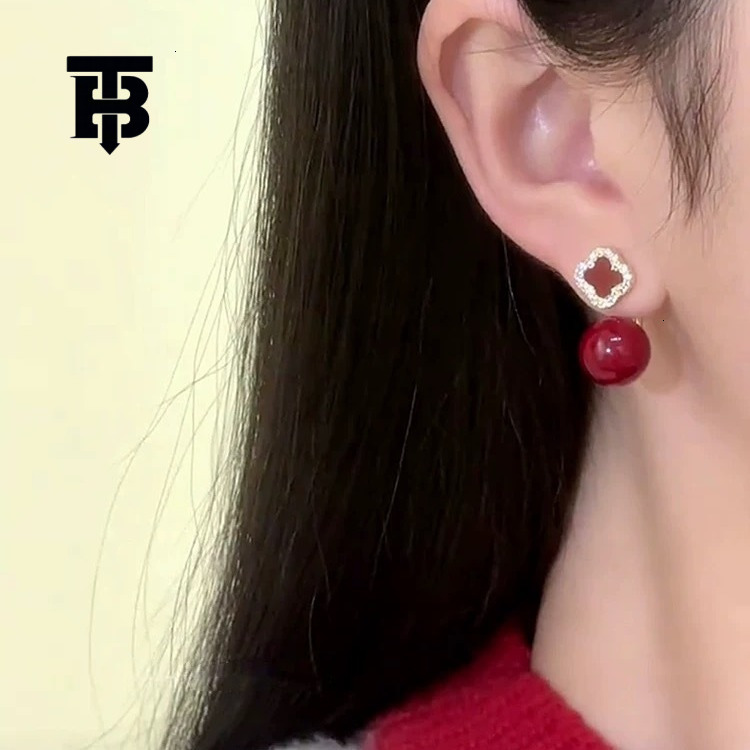 TB BHULAMTE Red Festive Pearl Pendant Earrings Designer Festive Atmosphere Accessories Niche Luxury Women's Hot Selling Jewelry Four Leaf Ear Cli - view 3