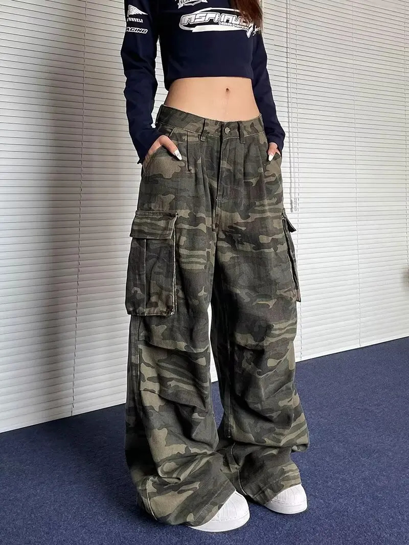 Autumn Fashion Vintage Washed Cargo Jeans for Women Y2k American Style High Waist Baggy Cargo Pants Casual Camouflage Jeans 250908