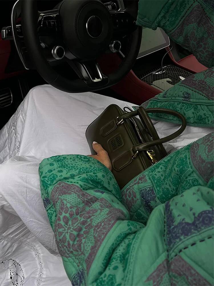 2025 Retro Green Printed Cotton Jacket Women's Stand up Collar Zipper Trendy Jacket Large Pocket Warm Jacket Autumn/Winter New design Designer Cl