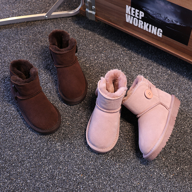 Free Shipping 2025 New Kids Genuine Leather Snow Boots Single Buckle Design Winter Thermal Thickened Anti-Slip Fleece Lined Booties for Boys Girls EU 