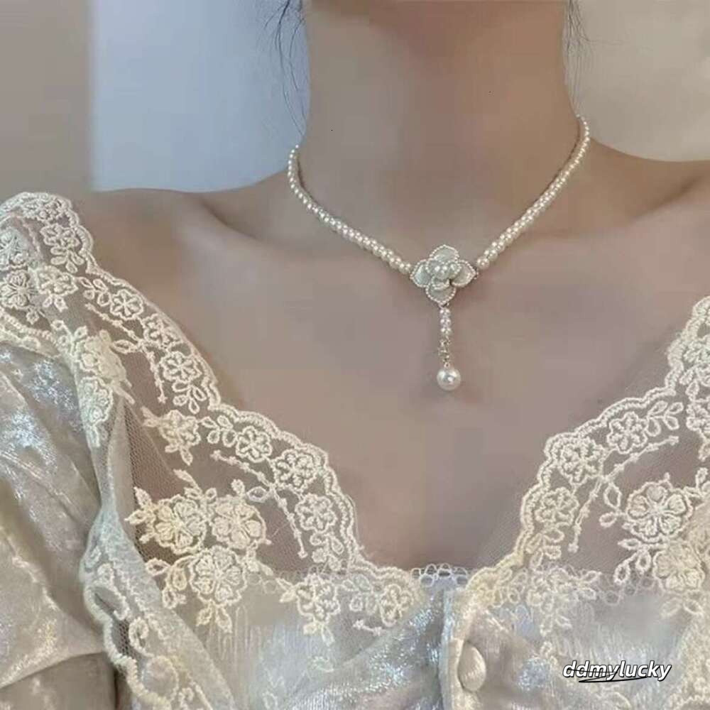 French Style Pearl Necklace Elegant Camellia Petal Collarbone Chain Bridal Choker Wedding Dress Evening Gown Three-Piece Set ddmyLucky ddmyLucky
