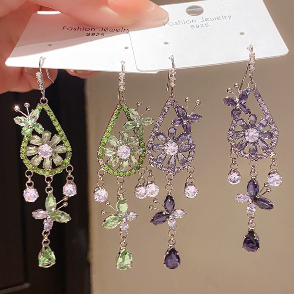 Silver Tone Purple Crystal Butterfly Floral Hook Earring With Teardrop Tassel Detail Elegant Glamorous Style Party Wear Gift For Sparkling Jewelry