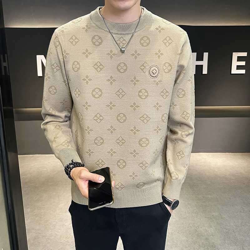 Design sense trendy warm crew neck sweater handsome versatile Korean version T-shirt slim and thin trendy men's clothing