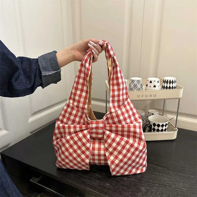 Retro Bow Plaid Womens Shoulder Bags Simple Commuter Ladies Underarm Vest Bag Casual Portable Female Shopping Handbags Tote R250908