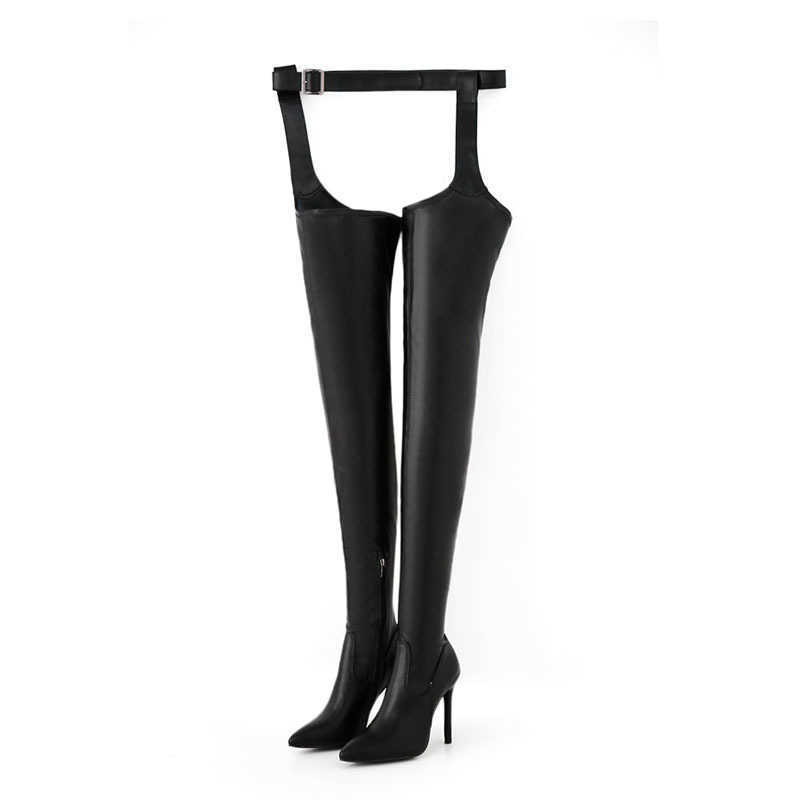 Leather boots, one-piece boots, slim heel pointed toe, sexy knee length pants, boots, oversized high heels, long boots