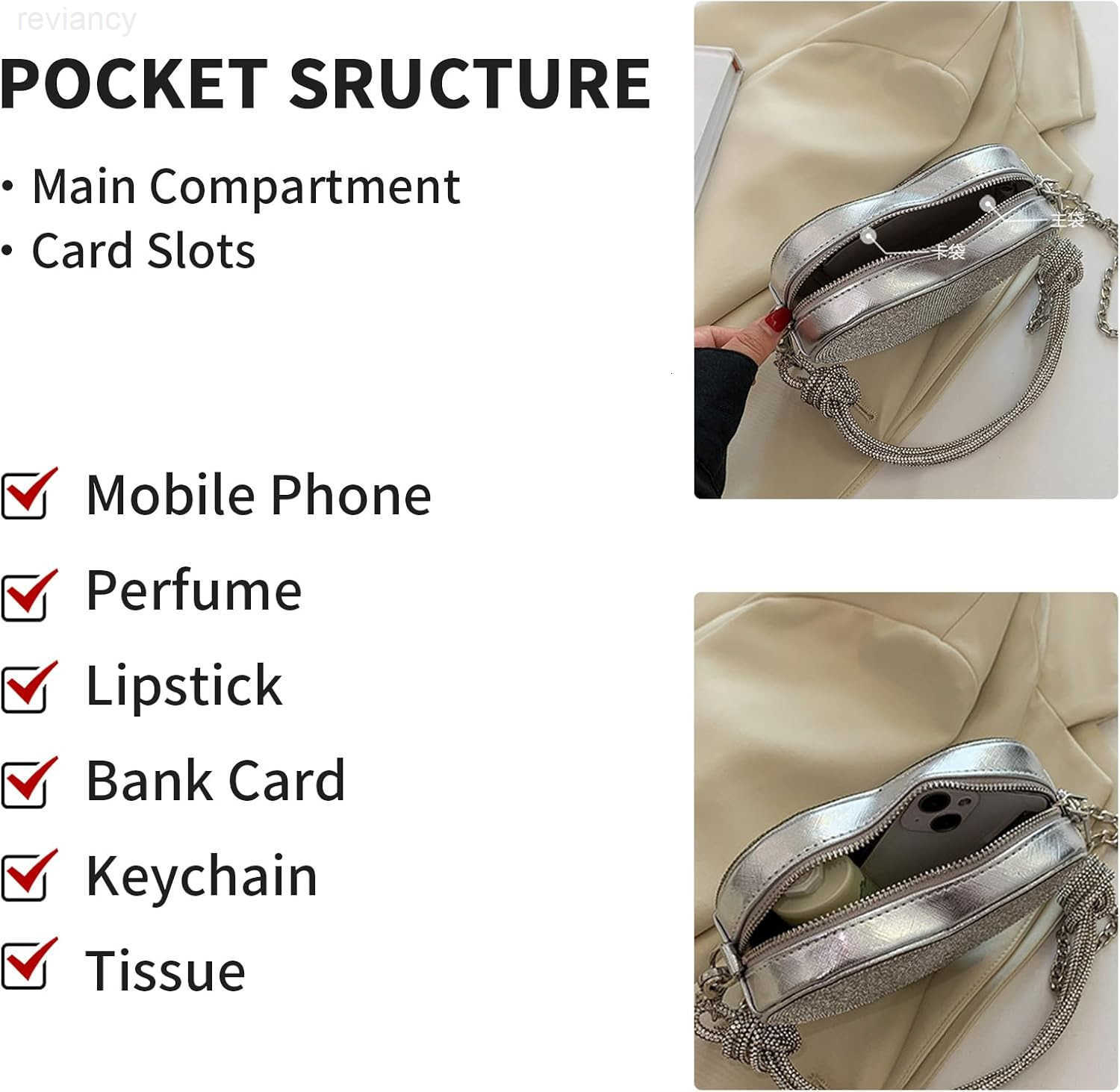 Evening Bag for Women Silver Purse Heart Shaped Purse Crossbody Bags Shoulder Handbag for FormalW250907