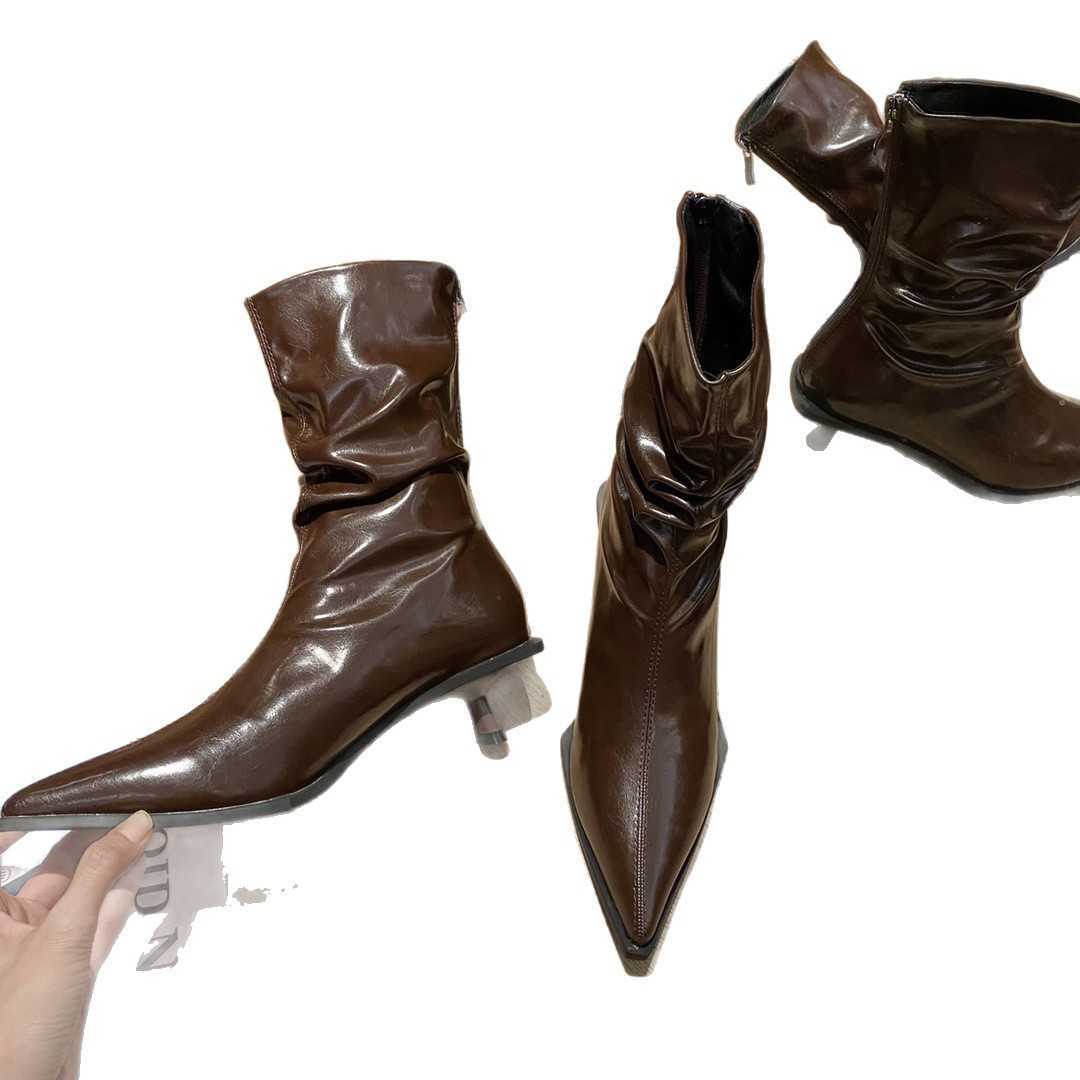 Martin Boots Elegant High Heel Slim Thin Heel Niche Single Boots French Style Brown Pointed Toe Mid-Calf Short Boots for Women
