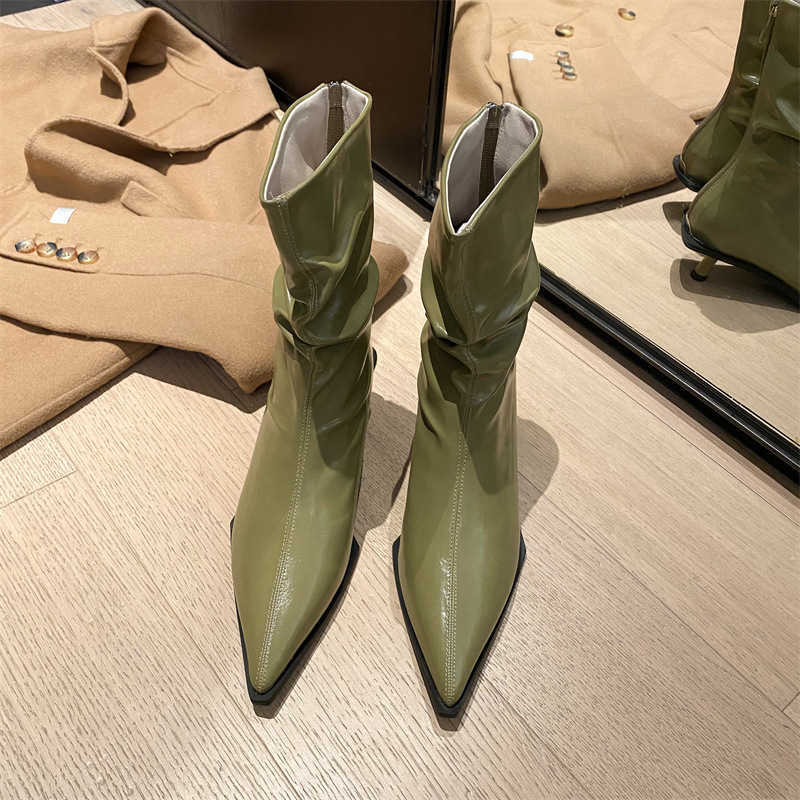 Martin Boots Elegant High Heel Slim Thin Heel Niche Single Boots French Style Brown Pointed Toe Mid-Calf Short Boots for Women