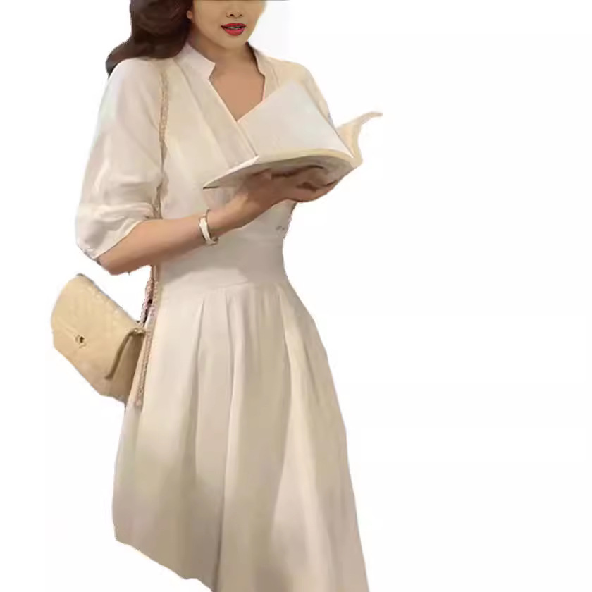 GC290 French gentle style temperament white shirt dress women's summer