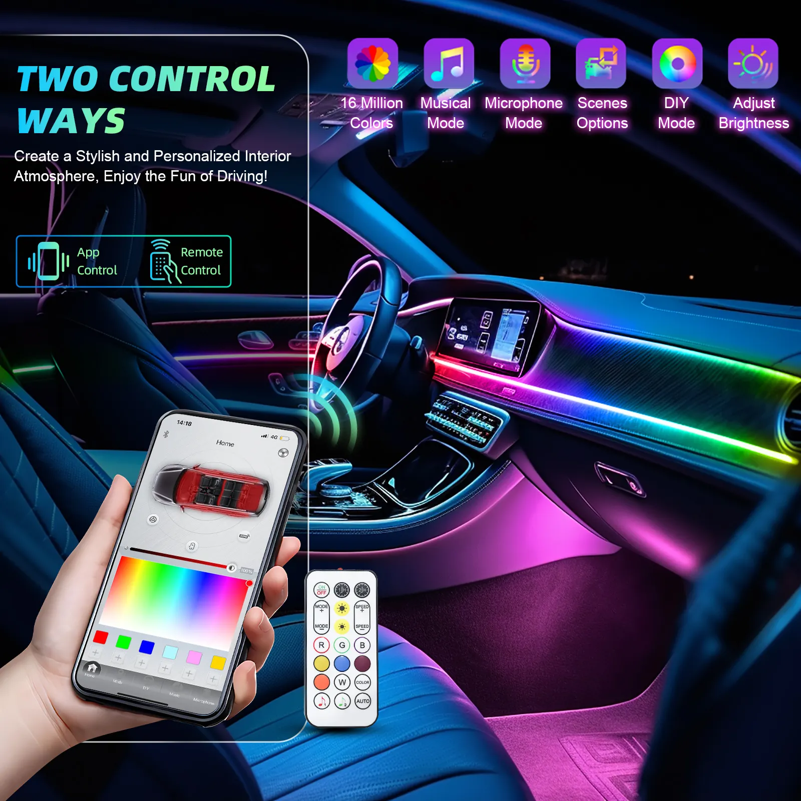 New Style Car Led Lamp 22 in 1/20 in 1/18 in 1 Interior Led Car Acrylic Ambient Light Kit Suitable for 98% of Cars