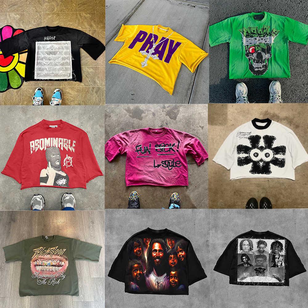 Men's T Shirts Hip Hop Retro Tie Dye Print Cross Gothic Graphic Full Cropped Top For Men Oversized Loose Three Quarter Sleeve Tees