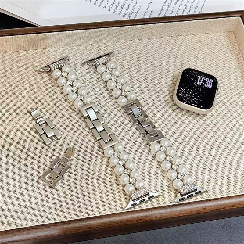 Pearl Chain Bracelet Metal Strap for Apple Watch Band series 10 46mm 42mm 45mm 49mm Smart Strap iWatch 9 8 7 6 5 4 3 ultra 2 1 Bling Diamond Bands bra
