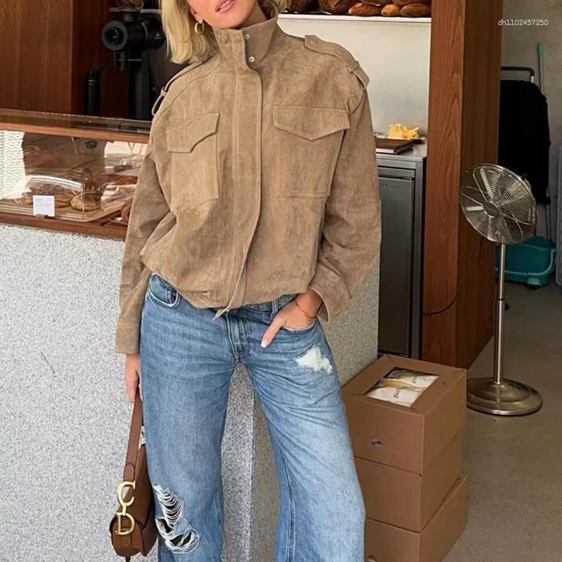 Women's Jackets Leather Zartins Coat Khaki Outwear Long Sleeve Tops 2025 With Pockets Streetwear Fashion Woman
