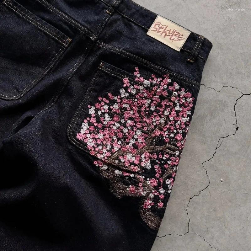 Men's Jeans Y2K Cherry Plum Blossom Embroidery Denim 100% COTTON Pants Men Baggy Vintage Pattern Streetwear Derschutze Gothic Harajuku Hip Hop Wo