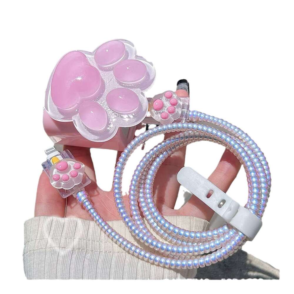 DHgargets Girly Pink Cute Cat Print Data Cable Protective Cover 20w Suitable for Apple iPhone Fast Charging Case Charger