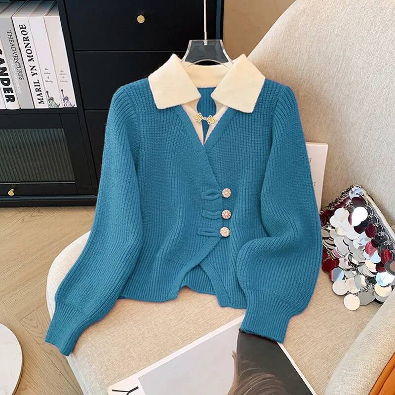 2025 autumn and winter new splicing fake two-piece set trendy knitted cardigan sweater loose women's design top B autumn and winter new designer 