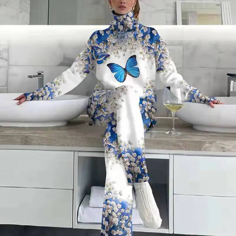 design 2025 Women's New High Collar Printed Casual Sports Set Spring and Autumn Loose Pants Set Autumn and Winter New Designer Clothing