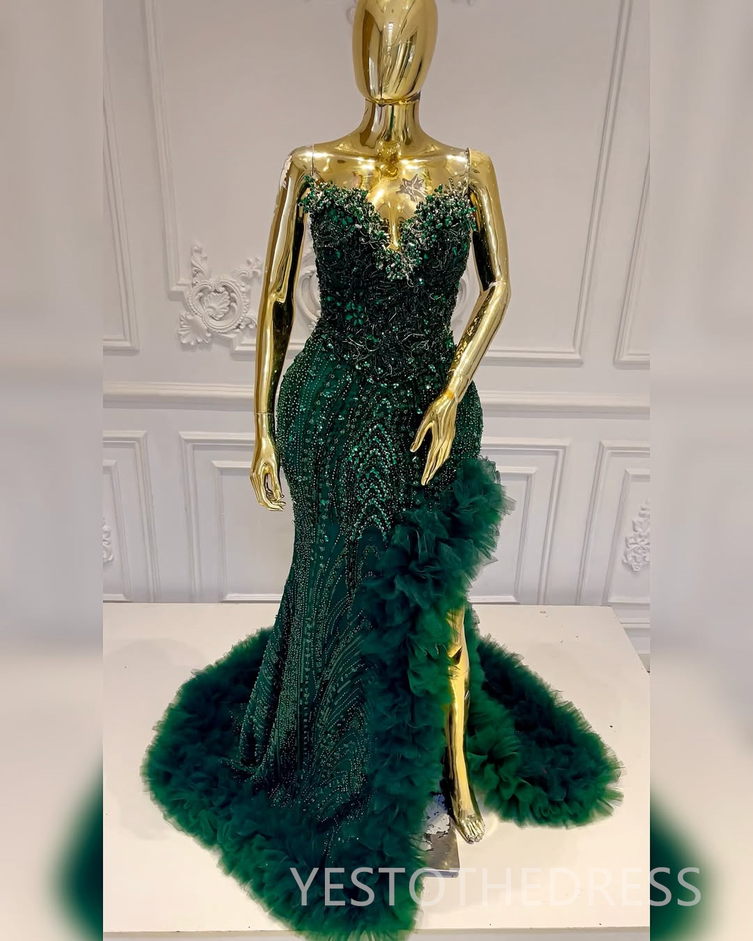 2025 Mermaid Emerald Green Prom Dresses For Black Women V Neck Robe De Mariee Formal Gowns Illusion Beaded Lace Side Split Birthday Second Reception G