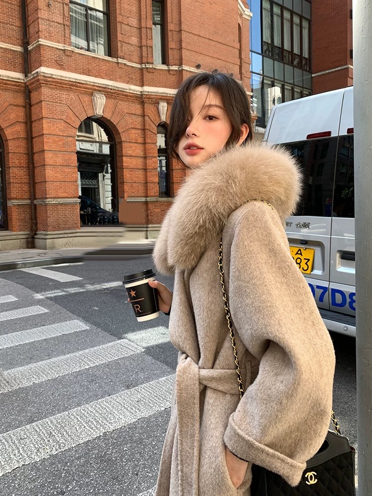 French lazy autumn and winter new hooded double-sided cashmere coat medium long fox fur collar woolen coat for women