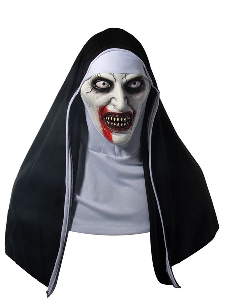 Halloween Summoning 2 Nun Mask Horror Nun Mask Cosplay Scary Bloody Demon Ghost Face Latex Masks with Headscarf Party Costume Props Deluxe Scary femal