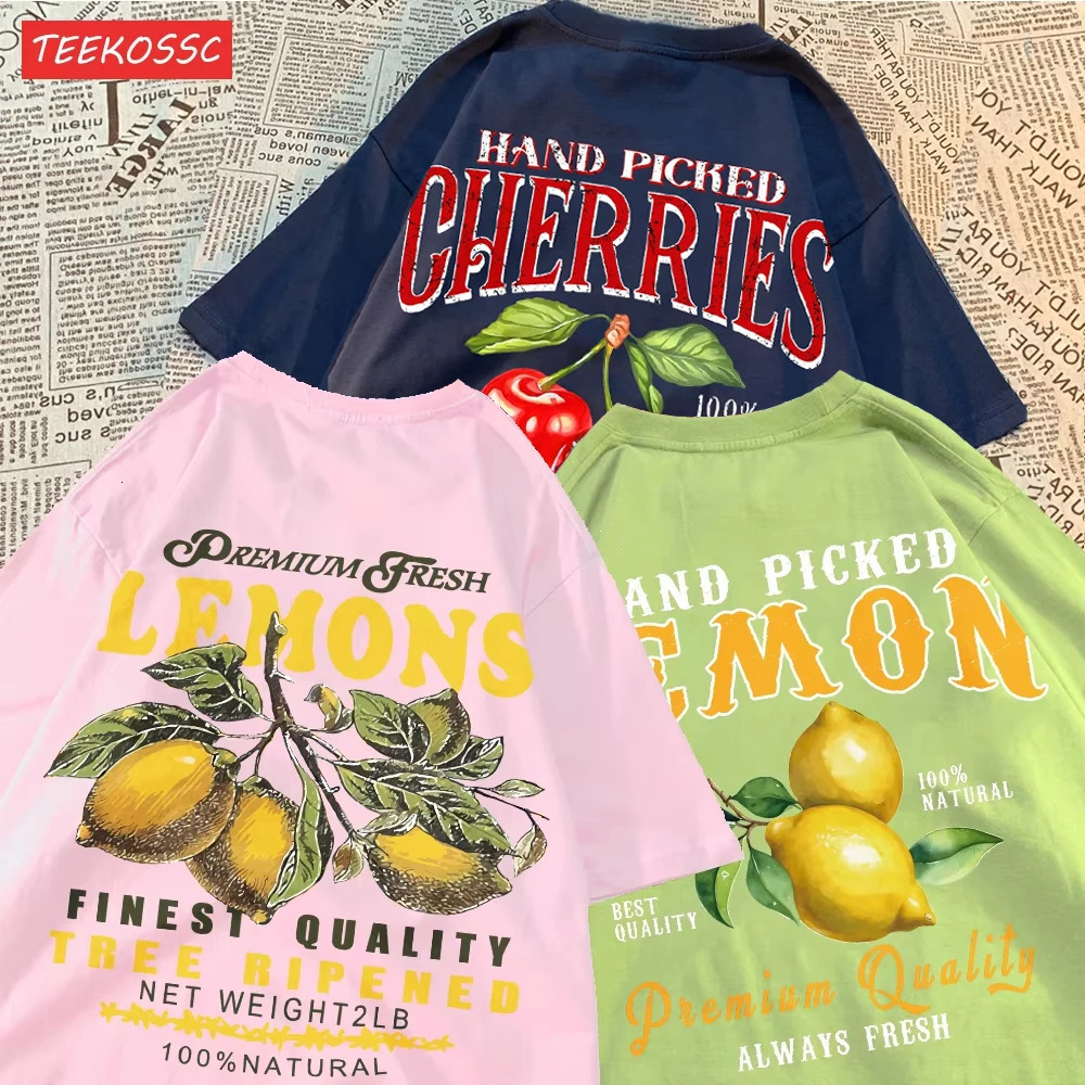 Summer Lemon Cherries Prints TShirts Cotton Womens Tops Oversize ONeck Soft Short Sleeve tees Street Casual Womans Clothes 250908