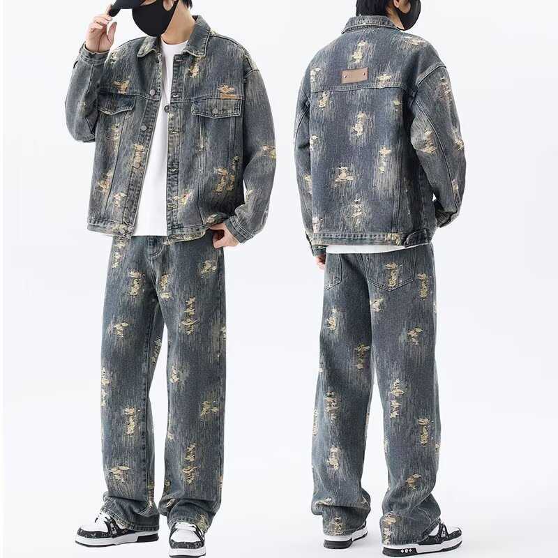 Vintage Leopard Camouflage Jeans Jacket Two Piece Y2K Suit Mens Womens Letters Patch Embroidery Oversized Coats Jeans ClothesZ250529