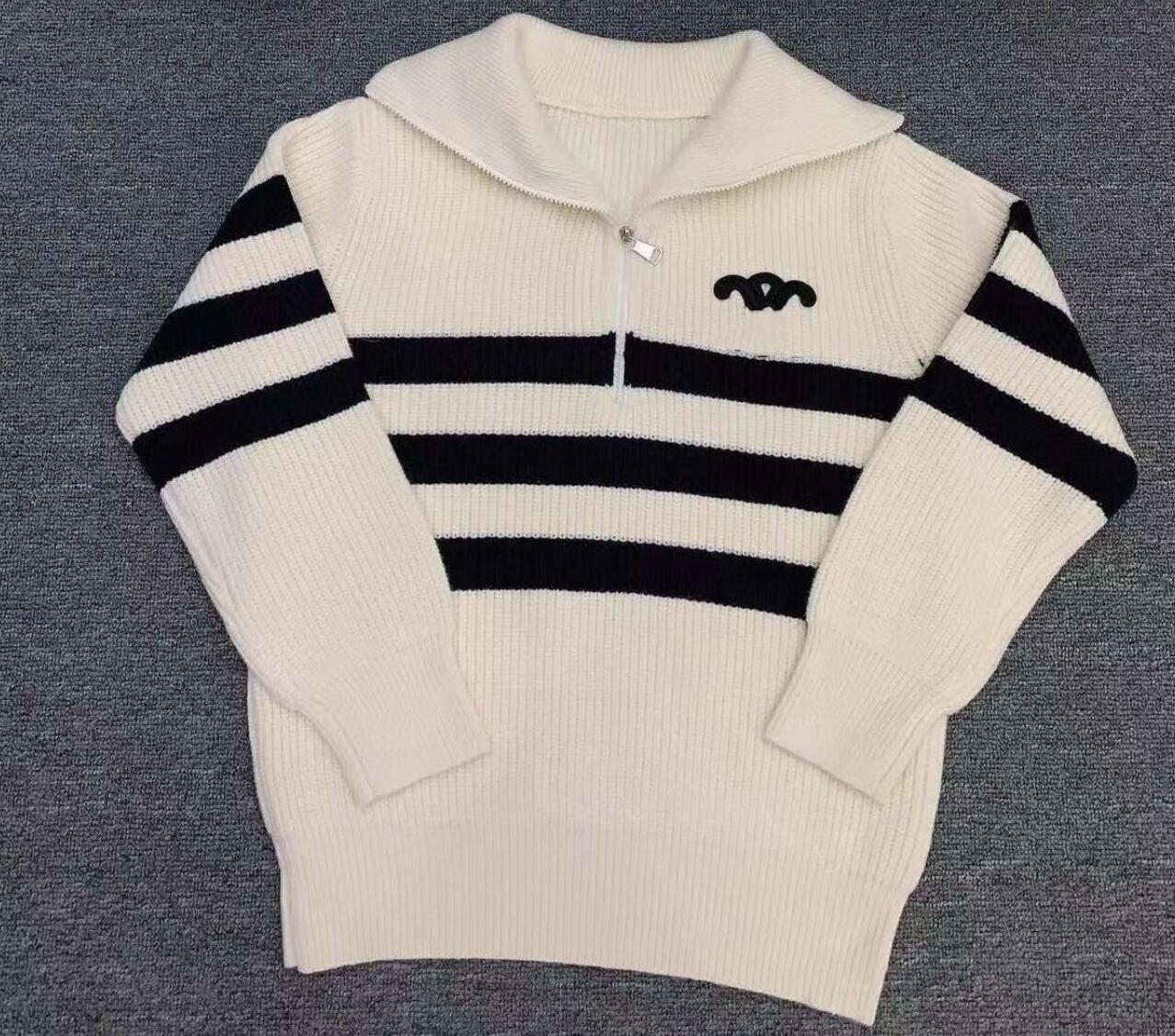 Women new stripe turn down collar zipper logo embroidery knitted sweater jumpers SMLXL