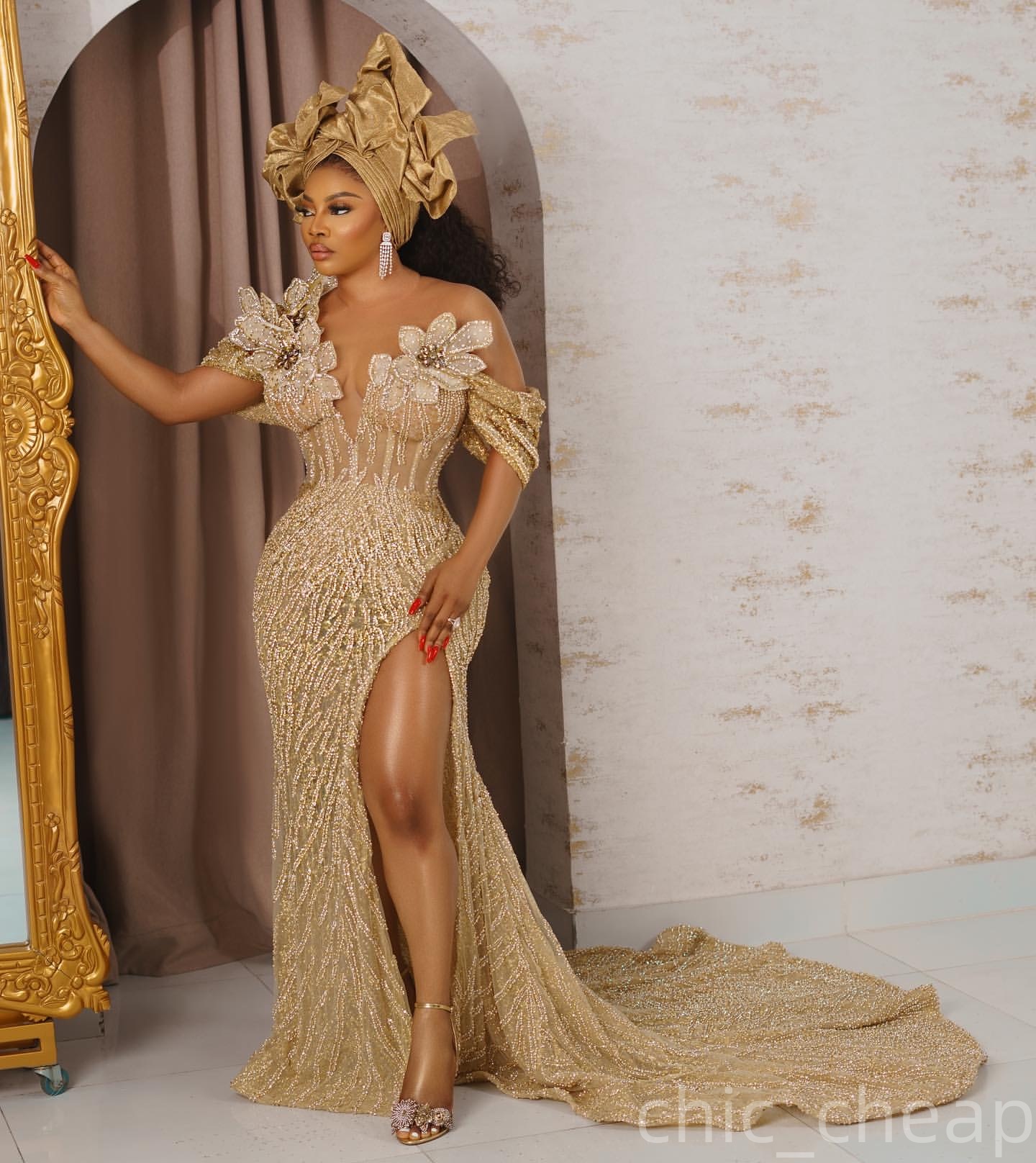 Aso Ebi Champagne Mermaid Prom Dresses 2025 Flowers Crystals Detachable Train African Evening Formal Party Second Birthday Engagement Dress Gowns robe