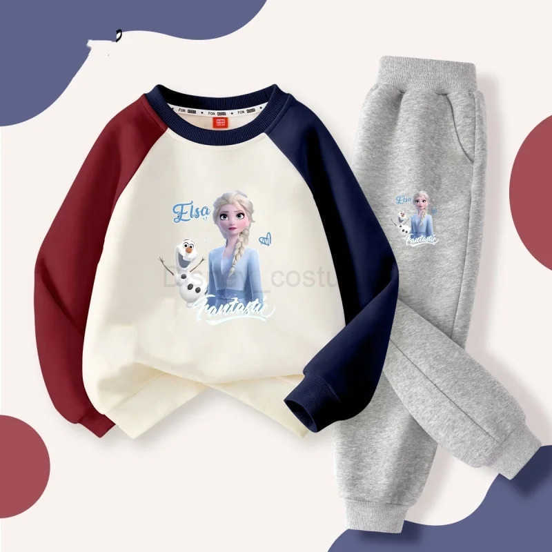 Disney Autumn Baby Girls Clothes Set Children Elsa Printing Color Block Top and Pants Bottom Two Pieces Long Sleeved Cotton Suit H250908